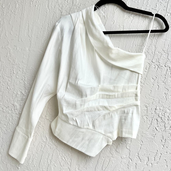 NWT Zara One Shoulder Asymmetrical Pleated Linen Blend Top White Women XS - Picture 2 of 8